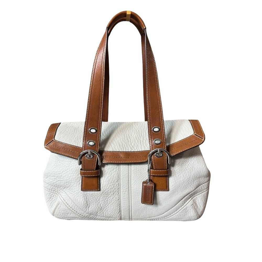Vintage Y2K Coach Soho Flap Satchel White Tan Leather Handbag F12304 Medium
